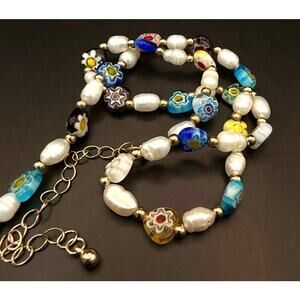 Freshwater Pearl and Millefiori Bead Necklace